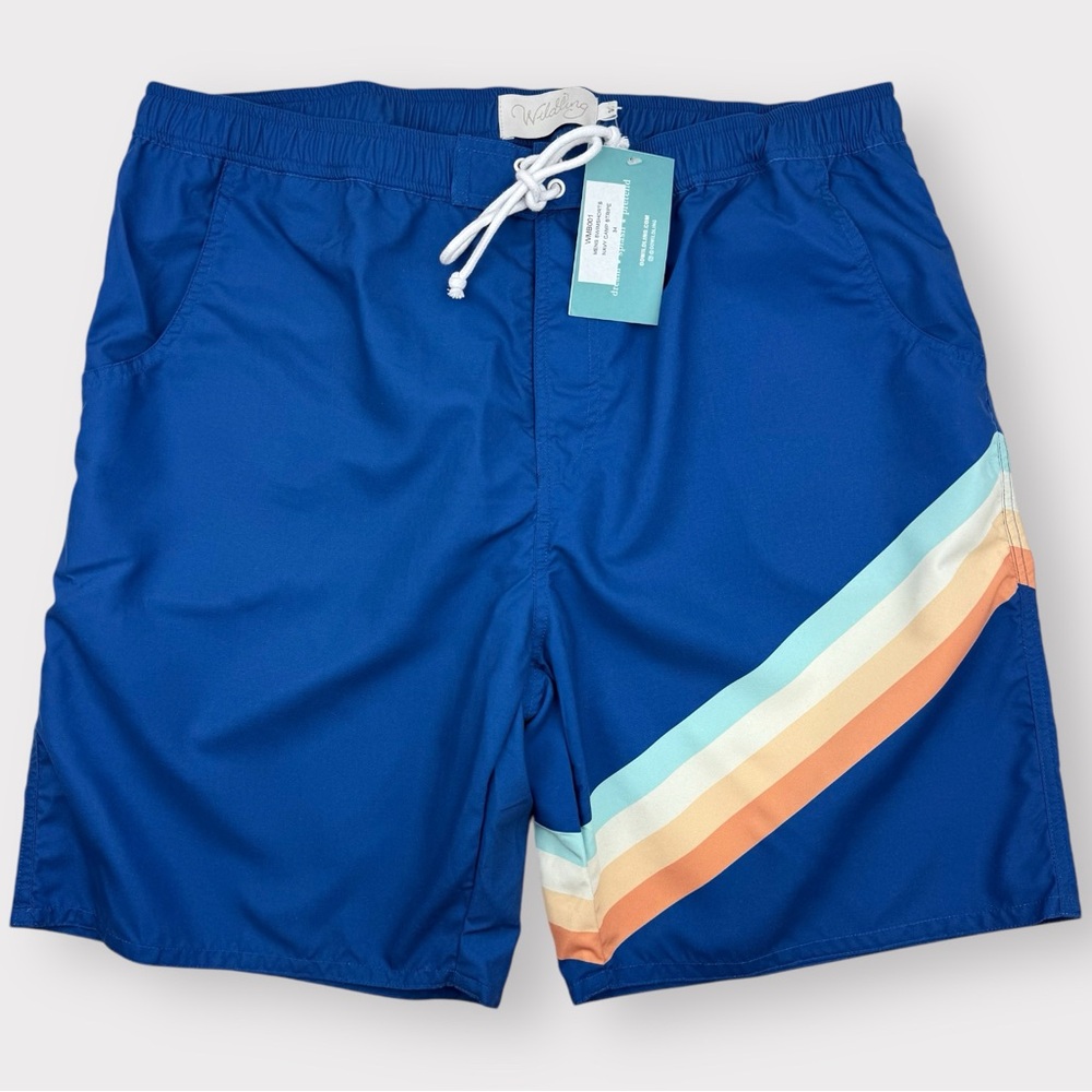 Sz men’s 34 Wildling Well Dressed Wolf Navy Retro Camp Stripe swim shorts trunks